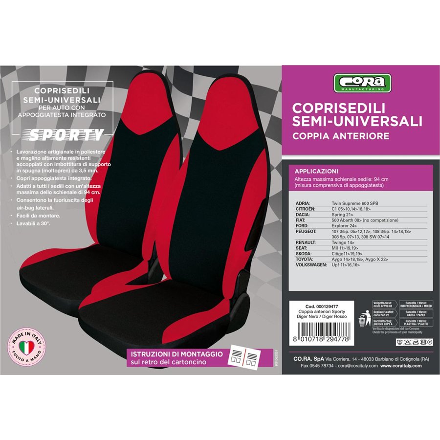 Coprisedili anteriori Sporty tg. unica tess. nero/rosso