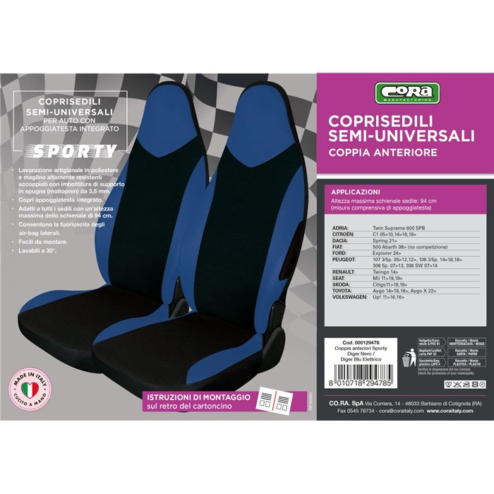 Coprisedili anteriori Sporty tg. unica tess. nero/blu elettrico