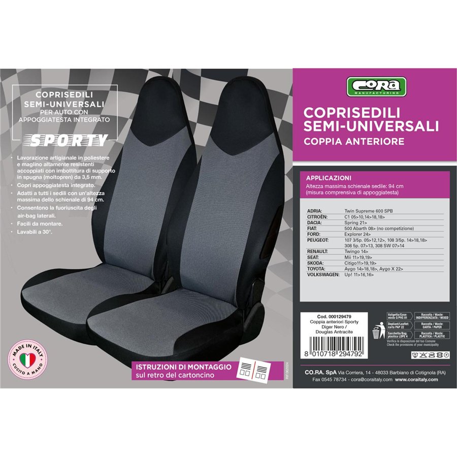 Coprisedili anteriori Sporty tg. unica tess. nero/antracite