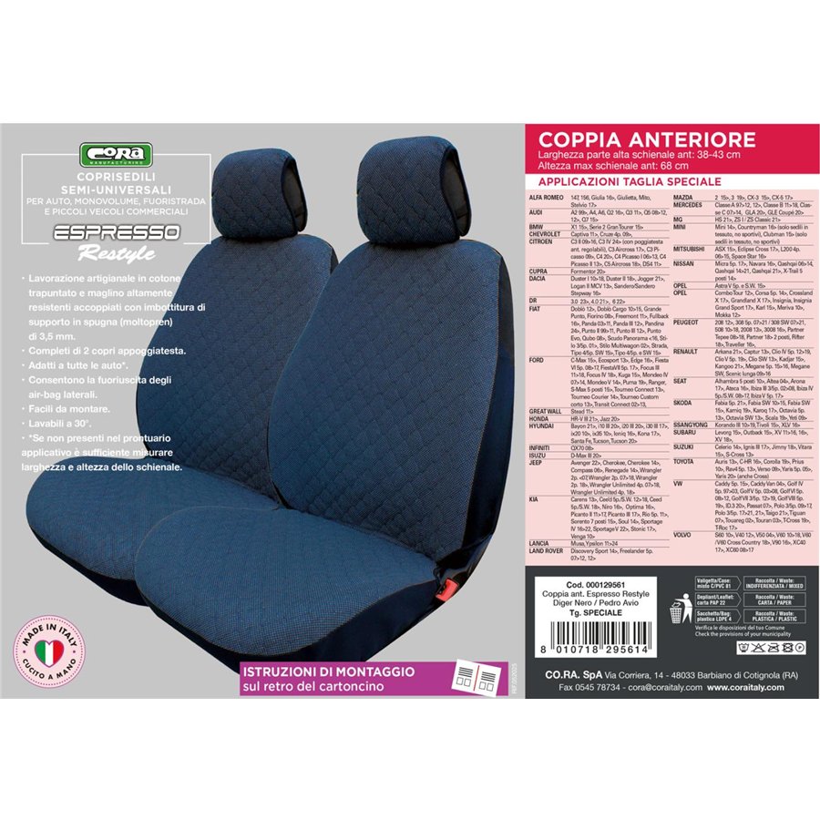 Coprisedili anteriori Espresso Restyle tg. speciale tess. misto cotone trapuntato avio/nero