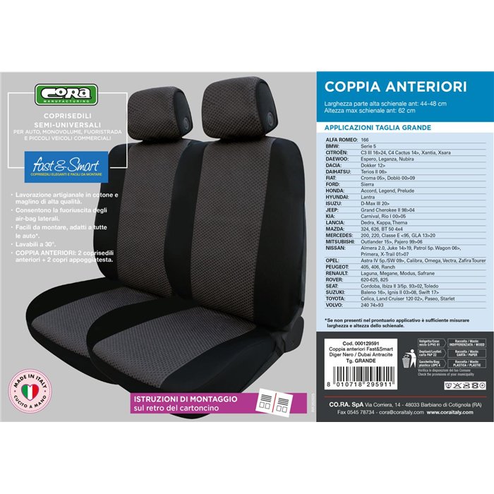 Coprisedili anteriori Fast&Smart tg. grande tess. misto cotone antracite/nero