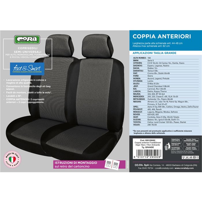 Coprisedili anteriori Fast&Smart tg. grande tess. misto cotone antracite/nero