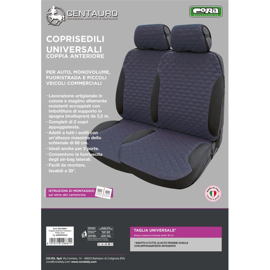 Coprisedili anteriori Centauro tg. universale tess. misto cotone trapuntato avio/nero