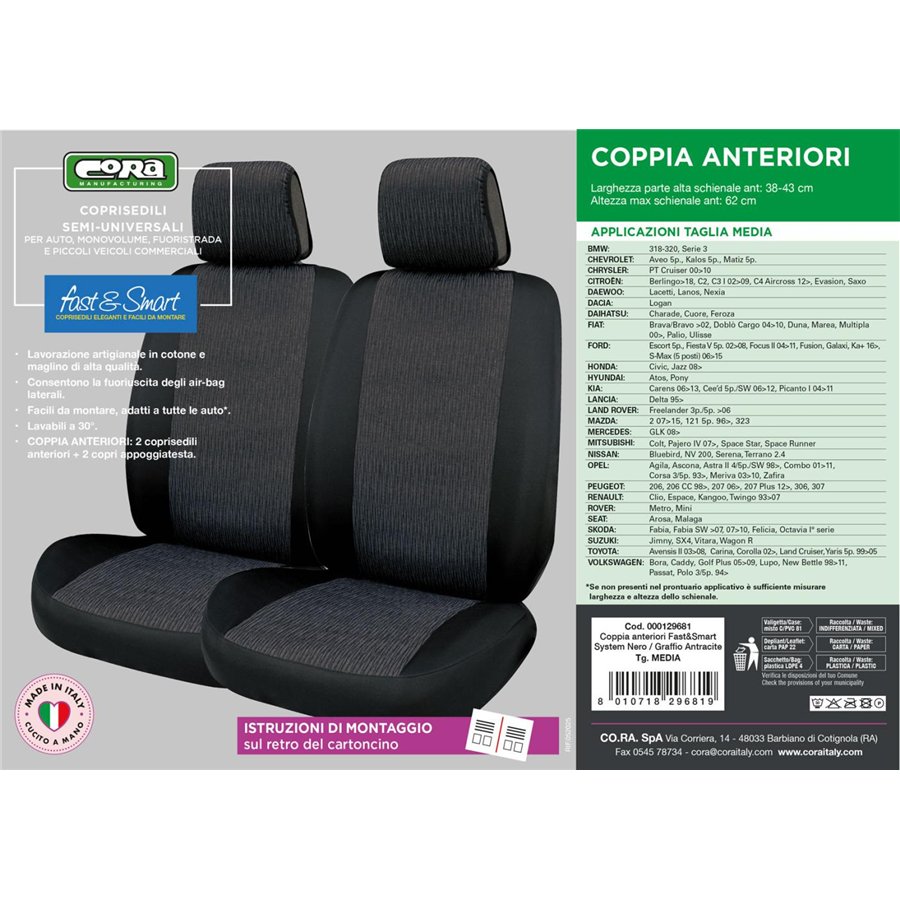 Coprisedili anteriori Fast&Smart tg. media tess. misto cotone antracite/nero