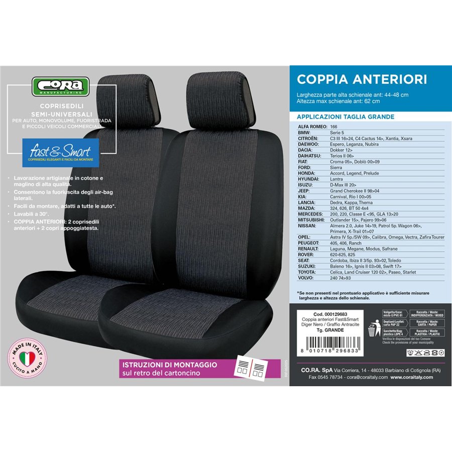 Coprisedili anteriori Fast&Smart tg. grande tess. misto cotone antracite/nero