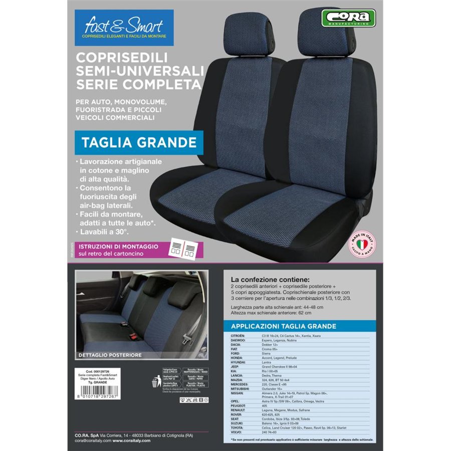 Serie completa coprisedili Fast&Smart tg. grande tess. misto cotone nero/avio