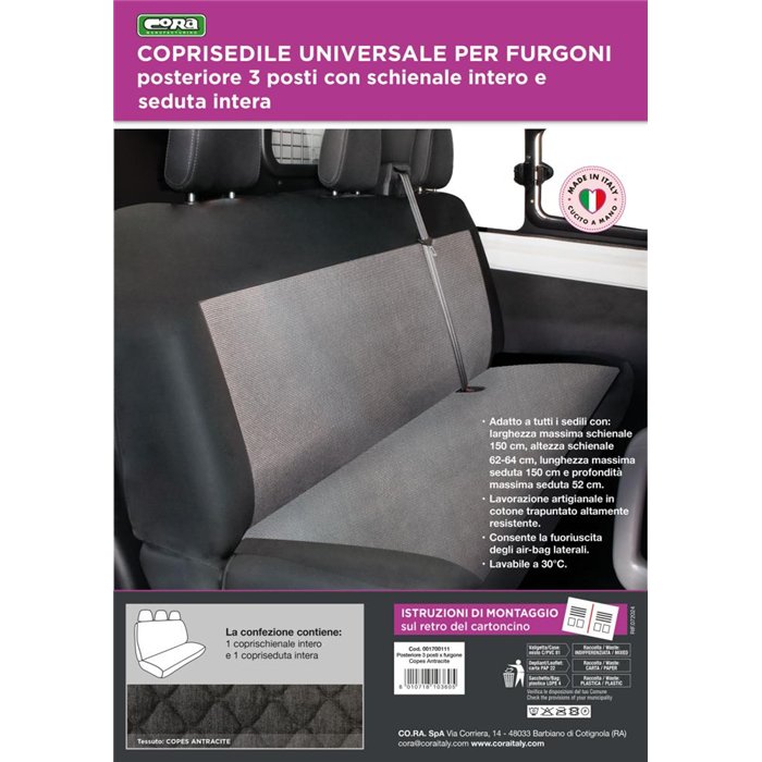 Coprisedile universale posteriore 3 posti per furgone tess. cotone trapuntato antracite