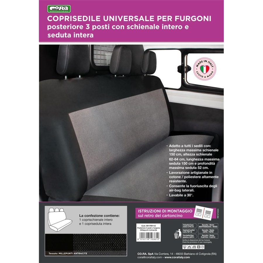 Coprisedile universale posteriore 3 posti per furgone tess. misto cotone nero