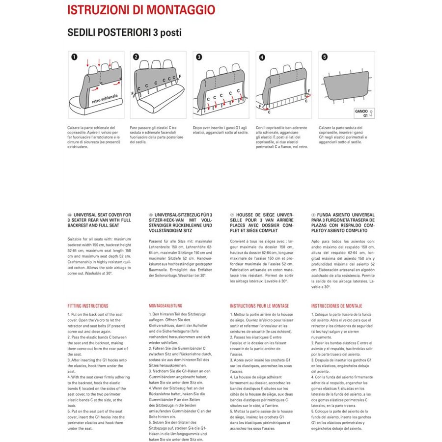 Coprisedile universale posteriore 3 posti per furgone tess. misto cotone nero