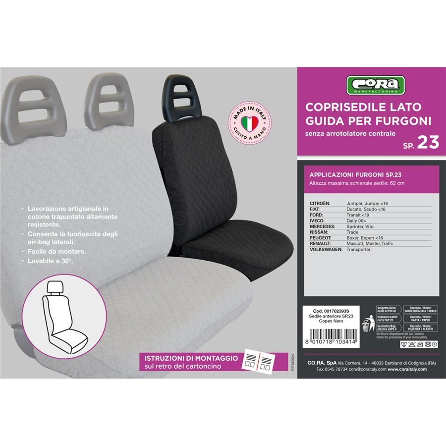 Coprisedile lato guida per furgoni tg. SP23 tess. cotone trapuntato nero