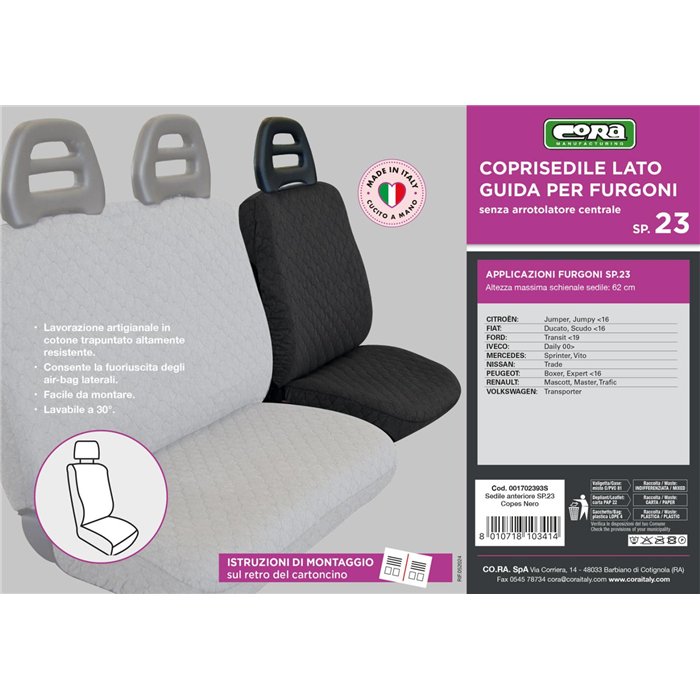 Coprisedile lato guida per furgoni tg. SP23 tess. cotone trapuntato nero