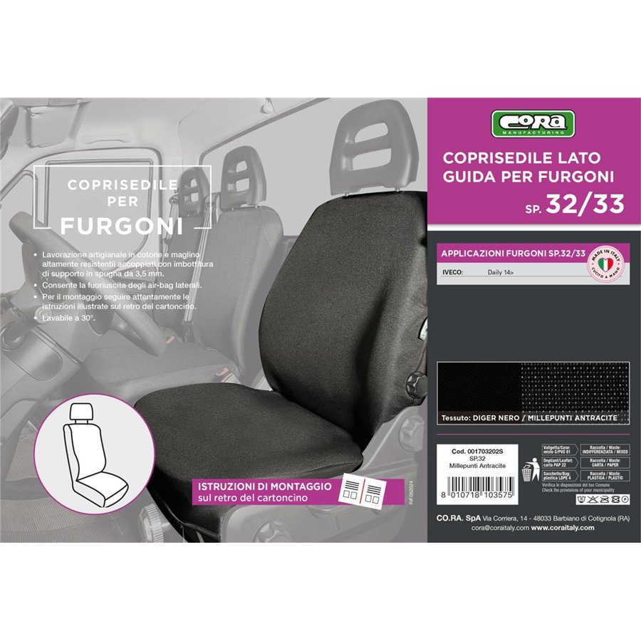 Coprisedile lato guida per furgoni tg. SP32/SP33 tess. misto cotone nero