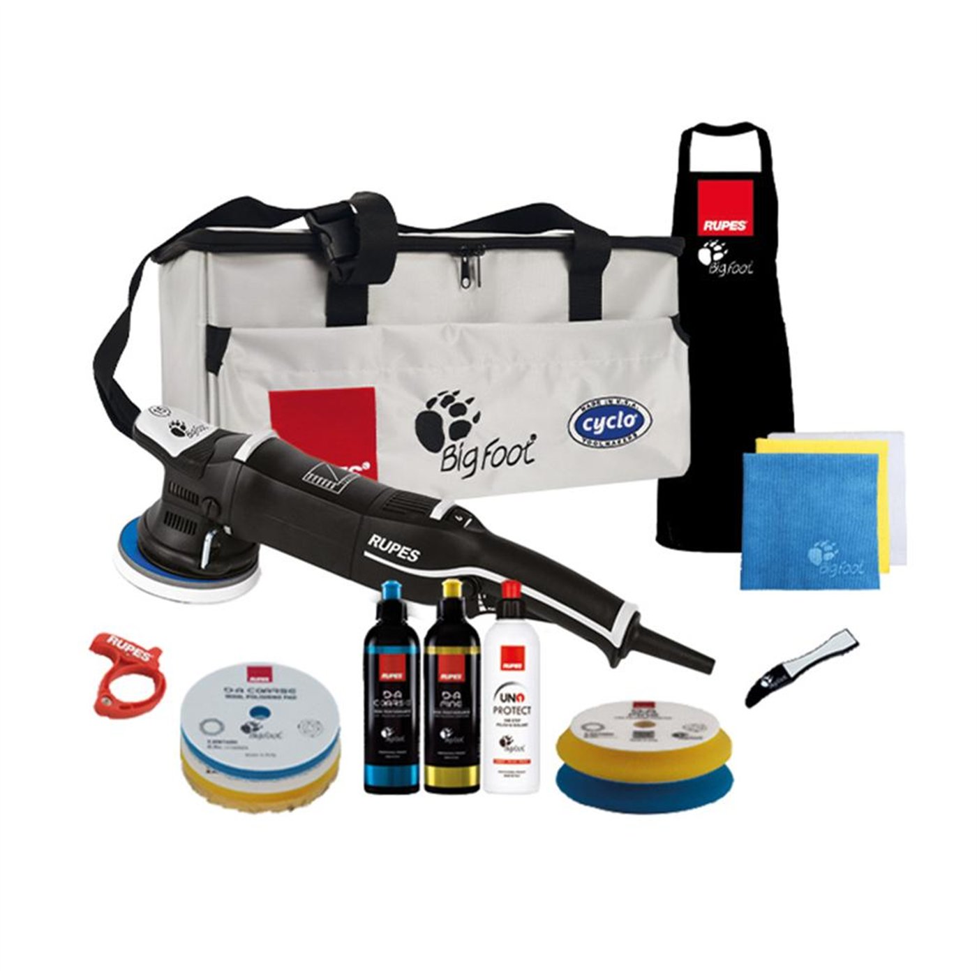 RUPES DA KIT-1 LHR15MARK III-2 TAMPONI SPUGNA-2 TAMPONI LANA -3 COMPOUND-3 PANNI MF-1 GREMBIULE-CLAW PAD-CABLE CLAMP-BORSONE
