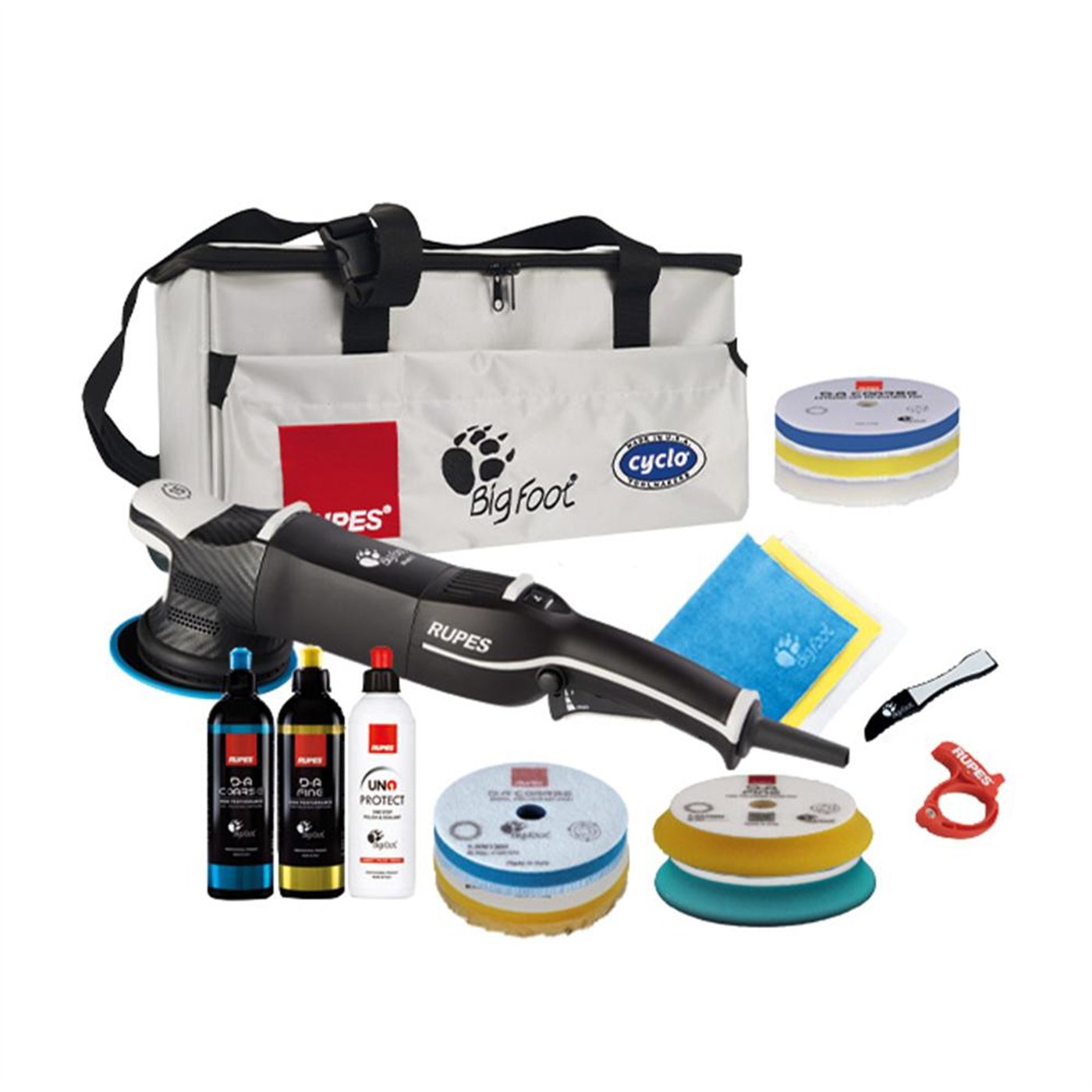 RUPES KIT LUX-LHR15 MARK V-2 POLISHING FOAM-2 WOOL PAD-2 FOAM PAD-3 MF PAD -3 COMPOUND-3 MF CLOTH-CLAW PAD-CABLE CLAMP -BF BAG