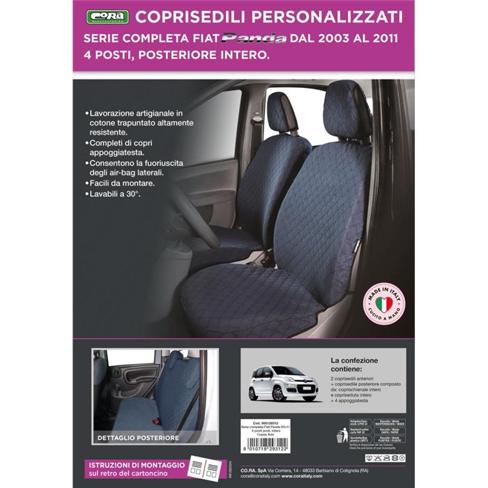 Serie completa coprisedili personalizzati Fiat Panda II 03˃ 4 posti post. intero tess. cotone trapuntato avio