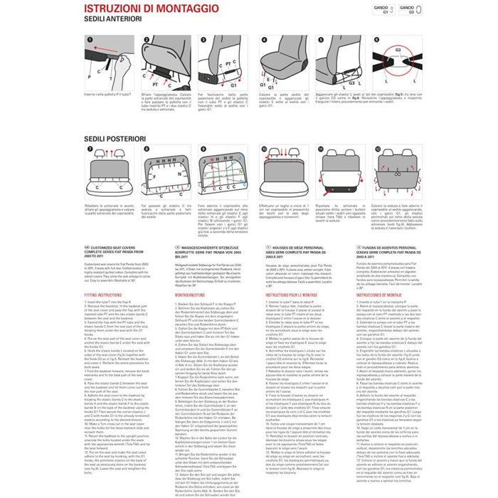 Serie completa coprisedili personalizzati Fiat Panda II 03˃ 4 posti post. intero tess. cotone trapuntato avio
