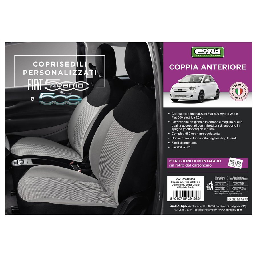 Coprisedili anteriori personalizzati Fiat 500 Hybrid 26˃ e 500 Elettrica 20˃  tess. misto cotone nero/grigio/pied de poule