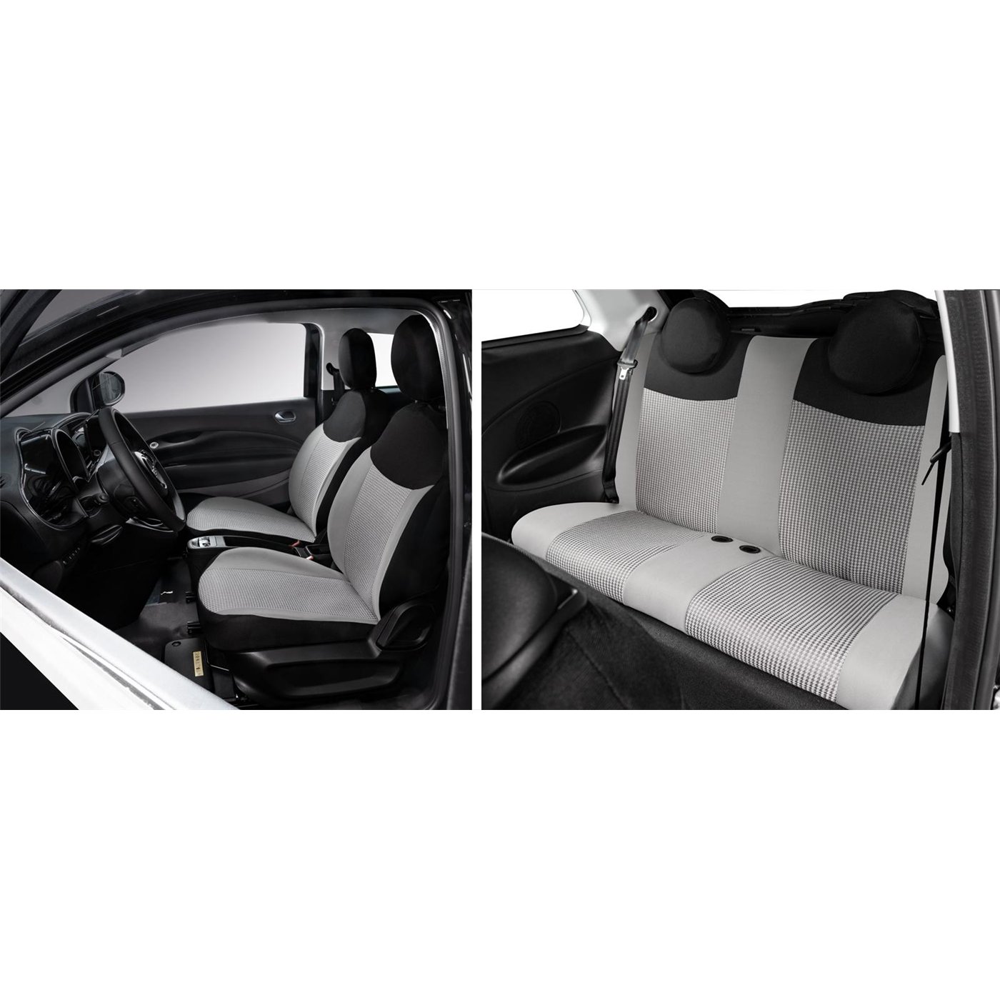 Serie completa coprisedili personalizzati Fiat 500 Hybrid 26˃ e 500 Elettrica 20˃  post. intero tess. misto cotone nero/grigio/p
