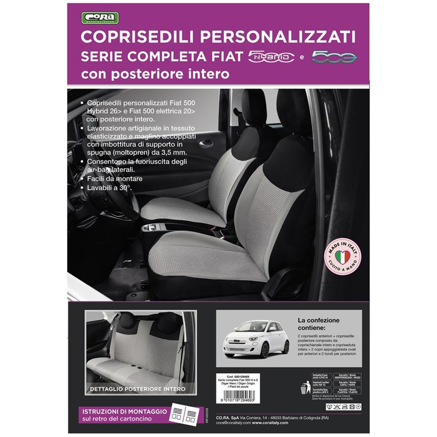 Serie completa coprisedili personalizzati Fiat 500 Hybrid 26˃ e 500 Elettrica 20˃  post. intero tess. misto cotone nero/grigio/p
