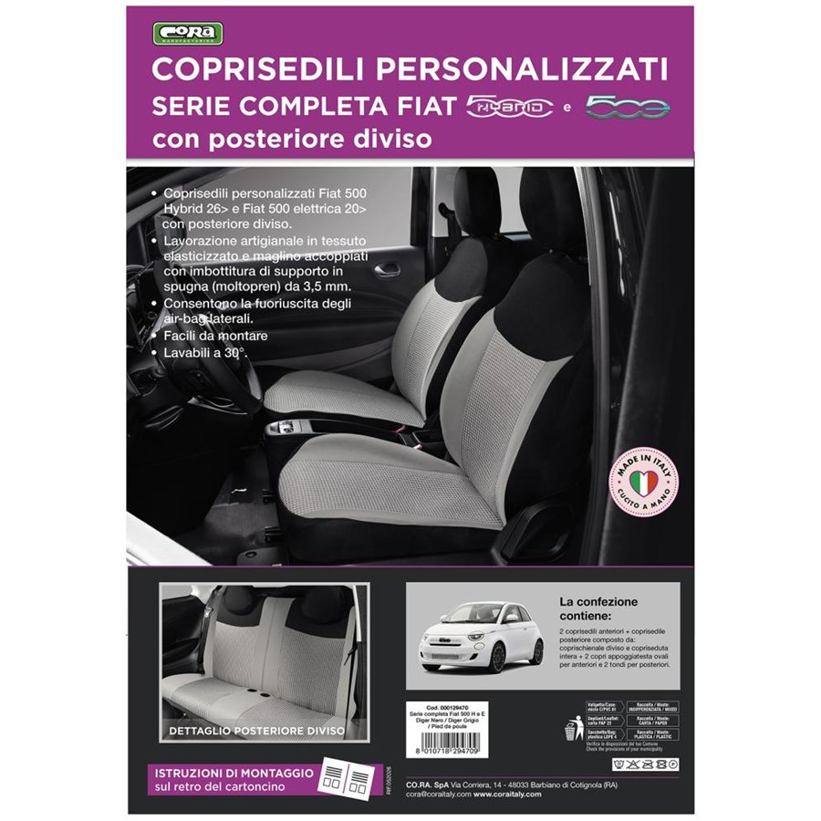 Serie completa coprisedili personalizzati Fiat 500 Hybrid 26˃ e 500 Elettrica 20˃  post. diviso tess. misto cotone nero/grigio/p