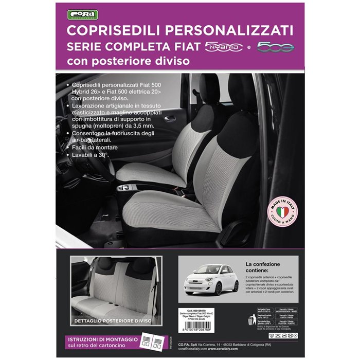 Serie completa coprisedili personalizzati Fiat 500 Hybrid 26˃ e 500 Elettrica 20˃  post. diviso tess. misto cotone nero/grigio/p