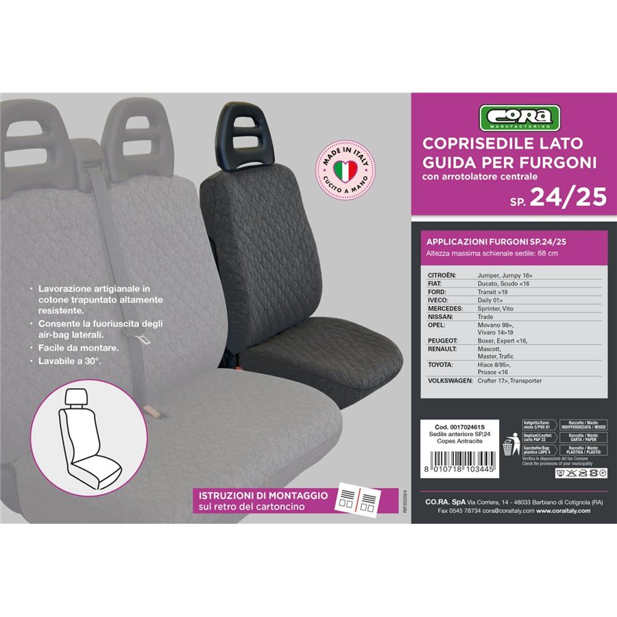 Coprisedile lato guida per furgoni tg. SP24/SP25 tess. cotone trapuntato antracite
