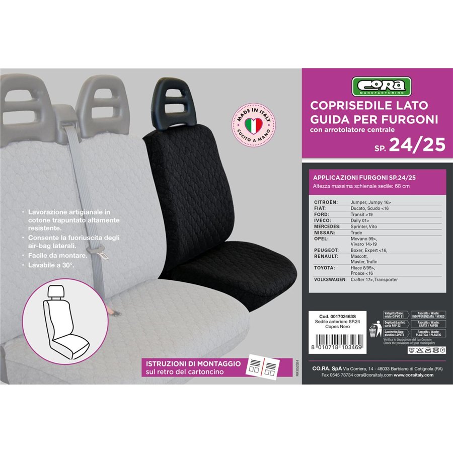 Coprisedile lato guida per furgoni tg. SP24/SP25 tess. cotone trapuntato nero